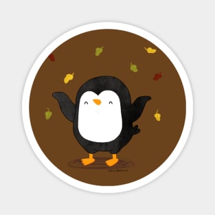 Penguin having fun with autumn leaves 2 Magnet